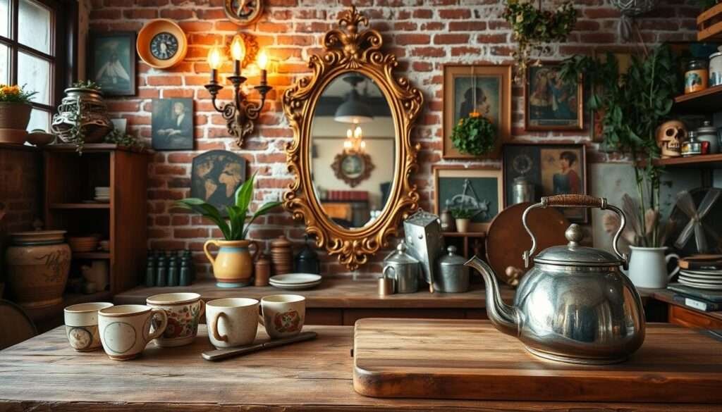 A cozy, well-worn kitchen filled with vintage charm. In the foreground, an assortment of thrifted finds - a weathered wooden cutting board, a set of mismatched ceramic mugs, and a tarnished silver teapot. The middle ground showcases an ornate, gilded mirror reflecting the warm, soft light from a pair of antique sconces. In the background, a rustic, exposed brick wall sets the stage for a collection of eclectic, bohemian artwork and hanging plants. The overall atmosphere is one of timeless elegance and soulful, bohemian ambiance.