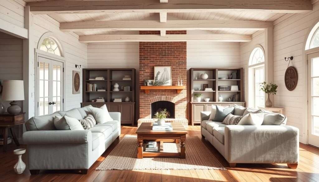 A cozy white farmhouse living room with an open, airy layout. In the foreground, plush sofas and armchairs arranged in a welcoming conversation area, adorned with soft throw pillows and a rustic, distressed wood coffee table. The middle ground features a large, arched window allowing natural light to flood the space, casting a warm glow on the whitewashed beams and shiplap walls. In the background, a brick fireplace with a simple mantel decor creates a focal point, flanked by bookshelves filled with vintage-inspired accents. Wooden floorboards and a woven area rug complete the inviting, farmhouse aesthetic. The overall mood is bright, relaxing, and timeless.