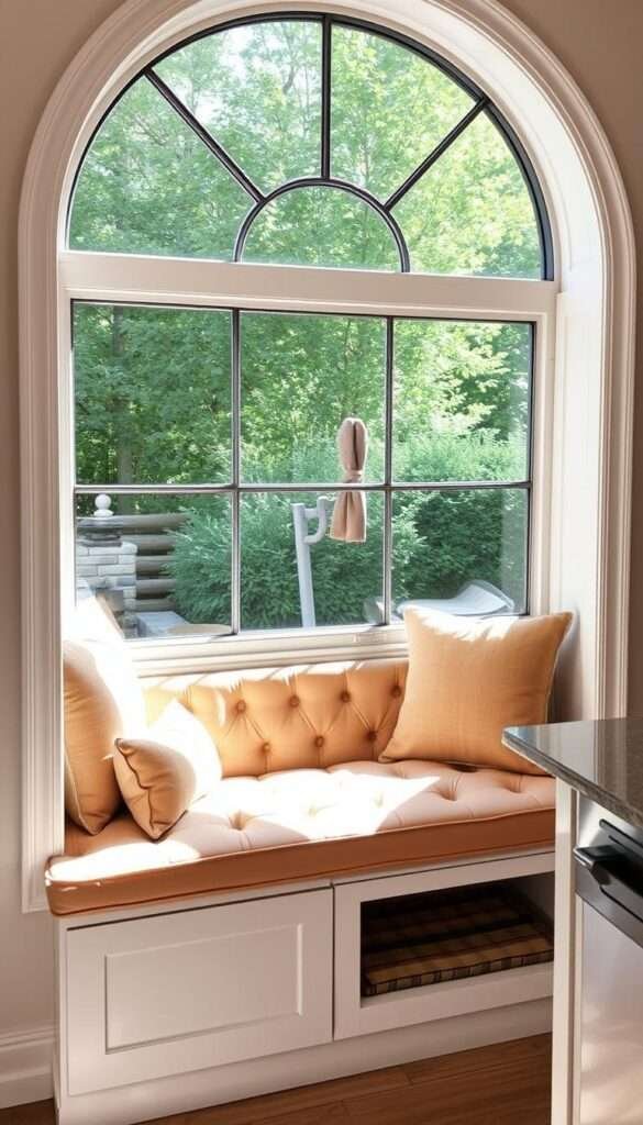 A cozy window seat banquette with hidden storage compartments, illuminated by soft, natural lighting filtering through a large, arched window. The plush, tufted upholstery in a warm, neutral tone invites you to curl up and relax, while the concealed compartments beneath the bench provide ample space for tucking away extra cushions, blankets or other small items. The scene exudes a sense of comfort and functionality, perfect for creating a welcoming nook in a compact kitchen.