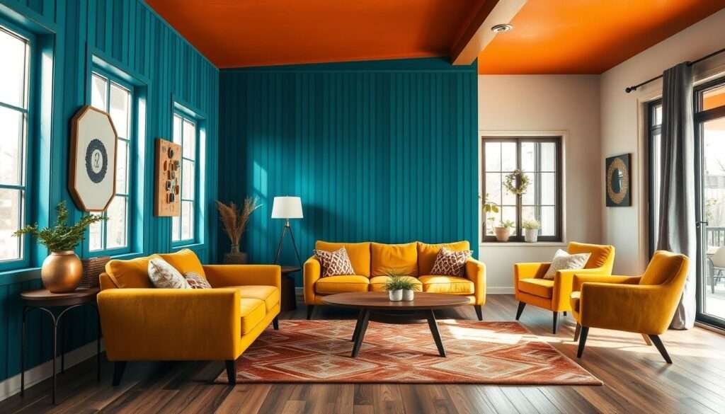 A cozy yet bold living room with a dynamic color scheme. In the foreground, a vibrant accent wall in deep teal blue with vertical stripes that add a sense of movement. The midground features a plush, mustard yellow sofa and matching armchair, complemented by a wooden coffee table and a modern, geometric area rug. The background showcases a painted ceiling in a vibrant shade of orange, creating a warm and inviting ambiance. Natural light streams in through large windows, casting a soft glow over the space. The overall composition exudes a harmonious blend of colors, textures, and shapes, reflecting a stylish and visually engaging small living room.