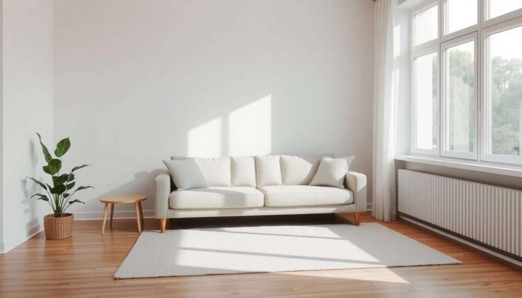 A cozy yet minimalist living room with a clean, decluttered aesthetic. Soft natural light filters through large windows, illuminating a neutral color palette of whites, grays, and natural wood tones. A sleek, low-profile sofa with plush textured cushions takes center stage, flanked by a pair of minimalist side tables. In the corner, a single potted plant adds a touch of greenery. The room exudes a sense of calm and serenity, inviting relaxation and quiet contemplation.
