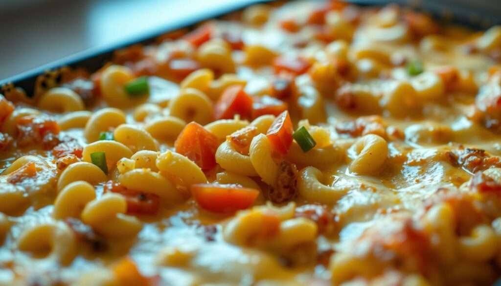 A creamy, cheesy casserole filled with spiraled pasta, diced tomatoes, bell peppers, and a blend of melted cheddar and Monterey Jack cheeses. The dish is illuminated by soft, warm lighting, casting a comforting glow over the bubbling, golden-brown surface. The camera angle captures the dish at a slight overhead perspective, highlighting the layers of pasta and cheese. The background is blurred, drawing the viewer's focus to the irresistible, gooey texture of the rotel pasta bake. The overall scene evokes a sense of homemade comfort and indulgence.