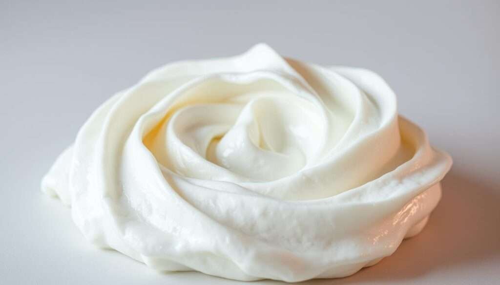 A creamy, cloud-like swirl of marshmallow fluff, glistening and inviting, set against a neutral backdrop. The soft, airy texture shines under soft, diffused lighting, creating a sense of warmth and indulgence. The composition is centered, allowing the marshmallow's texture and sheen to be the focal point. The overall mood is cozy, comforting, and perfectly suited to inspire delectable s'more bar variations.