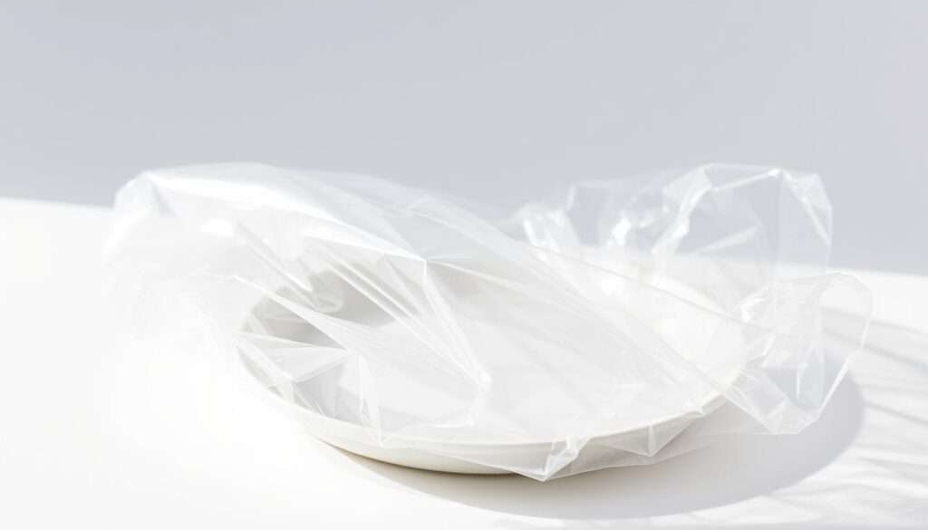 A crisp, transparent sheet of plastic wrap, shimmering with a slight hazy sheen. The wrap is draped gracefully over a plate, its edges folding and clinging to the contours of the dish. Bright, directional lighting casts subtle shadows, emphasizing the pliable, moldable nature of the plastic. The background is a clean, neutral tone, allowing the plastic wrap to take center stage. The overall scene conveys a sense of practical utility, showcasing the versatility and protective capabilities of this common household item.