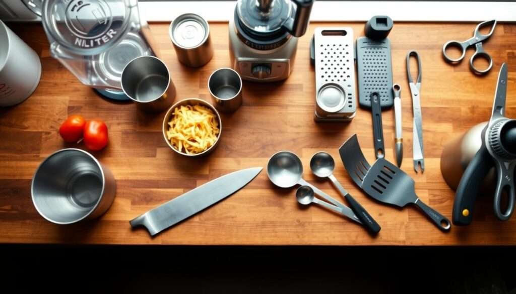 A crisp, well-lit overhead shot of a wooden kitchen counter, showcasing an assortment of essential tools for preparing a cheesy Rotel pasta bake. In the foreground, a sturdy chef's knife, a large mixing bowl, and a set of stainless steel measuring cups and spoons. In the middle ground, a high-quality can opener and a sturdy spatula, both in a gleaming metallic finish. In the background, a high-powered blender, a box grater, and a set of sharp culinary shears, all arranged neatly and ready for action. The lighting is soft and natural, accentuating the textures and colors of the tools, creating a welcoming and inviting atmosphere for the viewer.
