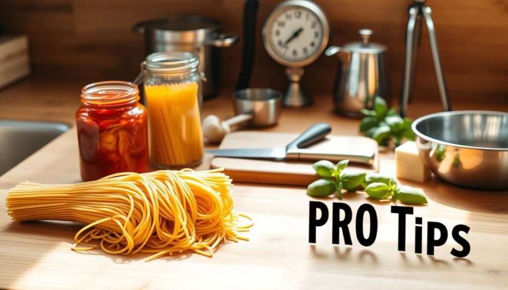 A crisp, well-lit photograph of a wooden kitchen counter or table, with various spaghetti-related "pro tips" arranged neatly on it. In the foreground, a bundle of fresh spaghetti noodles, a jar of marinara sauce, and a block of parmesan cheese. In the middle ground, a small cutting board with a sharp knife, a garlic press, and a handful of fresh basil leaves. In the background, a vintage-style measuring cup, a timer, and a pair of tongs, all positioned to create a sense of culinary expertise and attention to detail. The lighting should be natural and warm, creating a cozy, inviting atmosphere.