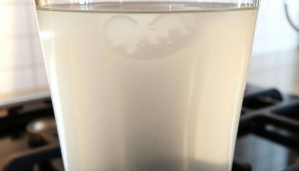 A crystal clear glass filled to the brim with steaming, gently bubbling pasta water. The water's surface glistens under warm, natural lighting, casting soft reflections on the transparent container. In the background, a faint outline of a stovetop or kitchen counter hints at the culinary setting. The scene exudes an aura of calm preparation, inviting the viewer to imagine the delicious pasta dish soon to be cooked in this essential liquid. The image captures the simple, yet crucial, step in the process of crafting a flavorful, al dente pasta meal.