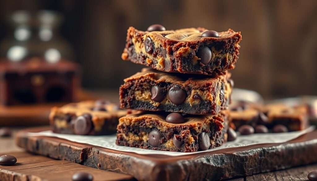 A decadent stack of homemade brownies, with gooey chocolate chips and thick layers of indulgent cookie dough, bathed in a warm, golden light. The brownies sit atop a rustic wooden surface, with a soft, dreamy focus that draws the eye to the luscious textures and rich, mouthwatering colors. The scene exudes a cozy, intimate atmosphere, inviting the viewer to sink their teeth into this most indulgent of desserts.