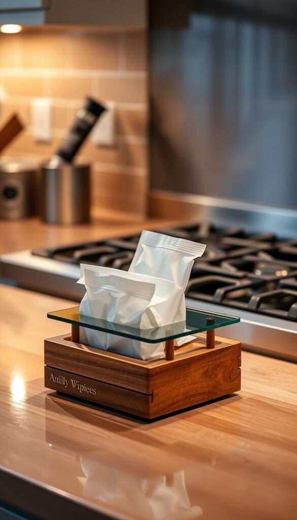 A decorative wipe station nestled neatly beside a modern stove, its elegant design blending seamlessly with the kitchen's warm, inviting atmosphere. The station features a sleek, wooden base with a glass top, showcasing a tidy arrangement of disinfecting wipes, ready for quick cleanup after meal preparation. Soft, directional lighting casts a gentle glow, highlighting the station's carefully curated details. The stove in the background, with its sleek, stainless steel surface, complements the station's refined aesthetic, creating a harmonious and practical workspace for the busy home chef.