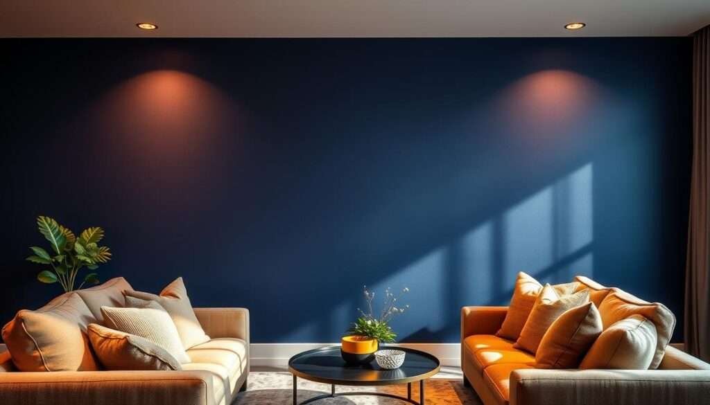 A deeply saturated navy blue accent wall, bathed in warm, diffused lighting that casts gentle shadows across its textured surface. The wall is the focal point of a cozy, modern living space, surrounded by plush, earth-toned furnishings and accents that create a harmonious, inviting atmosphere. The lighting, a combination of ambient and directional sources, highlights the rich, velvety hue of the wall, adding depth and visual interest to the scene. The overall composition exudes a sense of refined sophistication and relaxed elegance, perfectly capturing the essence of a bold, yet cozy, living room design.