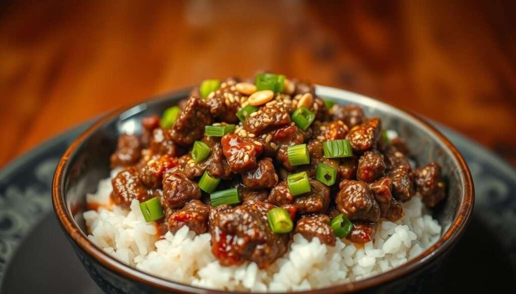 A delectable Korean ground beef bowl, meticulously prepared with tender, flavorful ground beef simmered in a savory sauce. The beef is nestled atop a bed of steaming white rice, garnished with vibrant green onions, sesame seeds, and a drizzle of toasted sesame oil. The lighting is warm and inviting, casting a soft glow on the dish, accentuating the rich, caramelized edges of the beef. The camera captures the scene from a low angle, emphasizing the depth and texture of the ingredients. The overall mood is cozy, comforting, and enticing, inviting the viewer to dive into this satisfying weeknight meal.