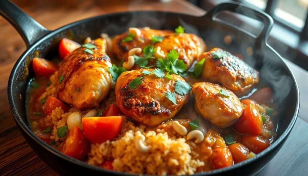 A delectable Texas Roadhouse butter chicken skillet, simmering with aromatic spices and saucy goodness. The chicken thighs, seared to perfection, nestled atop a bed of fragrant basmati rice. Vibrant tomatoes, onions, and green bell peppers add pops of color, while a rich, creamy butter chicken sauce envelops the dish. Garnished with fragrant cilantro and a sprinkle of toasted cashews, the scene is illuminated by warm, natural lighting, casting a cozy, inviting atmosphere. Captured at a slight angle, the skillet appears to be freshly served, steam rising from the piping hot meal, ready to be savored.