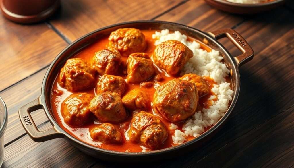 A delectable Texas Roadhouse butter chicken skillet sits on a rustic wooden table, its vibrant orange-red hue gleaming under soft, warm lighting. Tender, succulent chicken pieces are smothered in a rich, creamy tomato-based sauce, infused with aromatic spices. Glistening golden brown edges frame the dish, hinting at the perfect char. Fluffy white basmati rice nestles alongside, ready to soak up every last drop of the mouthwatering sauce. The setting evokes a cozy, inviting atmosphere, drawing the viewer in to savor every bite of this irresistible culinary creation.