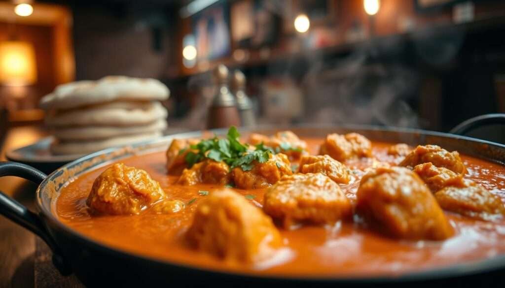 A delectable Texas Roadhouse-style butter chicken skillet, simmering in a rich, creamy tomato-based sauce, adorned with tender chunks of juicy chicken. The foreground features the steaming skillet, with the chicken submerged in the vibrant orange-red sauce, garnished with a sprinkle of fresh cilantro. In the middle ground, a stack of fluffy naan bread stands ready to soak up every drop of the savory sauce. The background is softly blurred, hinting at the cozy, rustic ambiance of a classic roadhouse setting, with warm lighting and wooden accents. Captured in a low-angle perspective, the image evokes a mouthwatering, homestyle culinary experience.