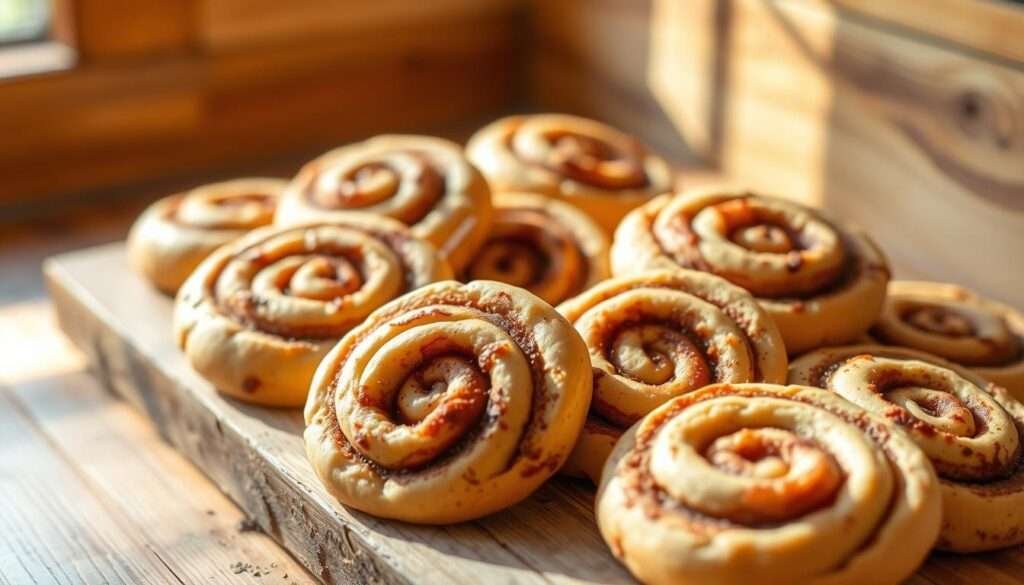 A delectable arrangement of freshly baked cinnamon roll cookies, each one a tempting spiral of golden-brown dough infused with the captivating aroma of cinnamon. Sunlight gently filters through a window, casting a warm, inviting glow upon the cookies, which sit atop a rustic wooden surface. The cookies are presented in an artful, yet casual manner, inviting the viewer to imagine the delightful taste and texture of these irresistible treats. The overall scene evokes a cozy, comforting atmosphere, perfectly capturing the essence of the "Irresistible Cinnamon Roll Cookies for Cozy Days" article.