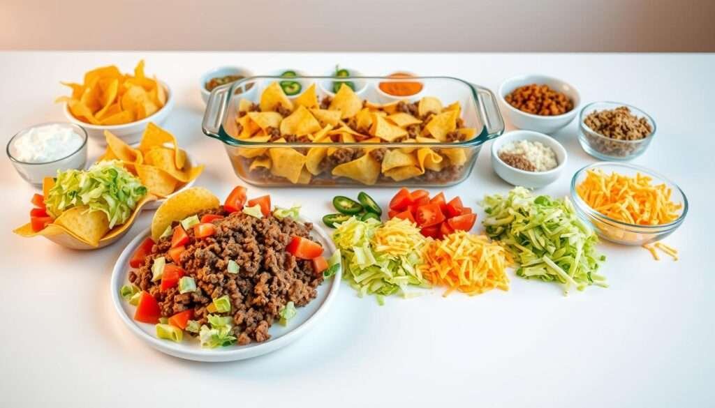 A delectable array of ingredients for a mouthwatering Walking Taco Casserole, artfully arranged on a crisp white table. In the foreground, a platter showcases a medley of taco shells, ground beef, shredded lettuce, diced tomatoes, and grated cheddar cheese. Behind it, a row of neatly organized bowls contains sour cream, diced onions, jalapeños, and taco seasoning. The middle ground features a large glass baking dish filled with layers of tortilla chips, savory beef, and melted cheese. In the background, a soft, diffused light illuminates the scene, creating a warm, inviting atmosphere. The entire composition is captured from a slight overhead angle, highlighting the precise, organized presentation of these essential ingredients for the ultimate comfort food dish.