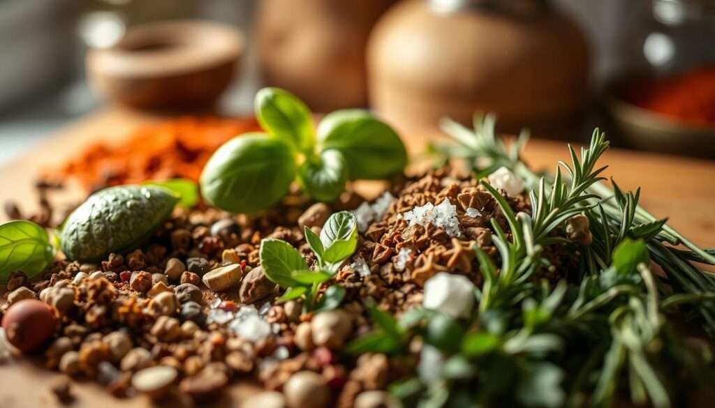 A delectable close-up of a variety of spices and herbs, illuminated by soft, warm lighting and captured with a shallow depth of field. In the foreground, an array of vibrant, aromatic ingredients like fresh basil, rosemary, thyme, and a sprinkle of sea salt. The middle ground features a wooden cutting board or rustic surface, creating a natural, homey backdrop. The background is slightly blurred, hinting at the kitchen setting. The overall mood is cozy, inviting, and brimming with the promise of flavorful, simple meal preparation.