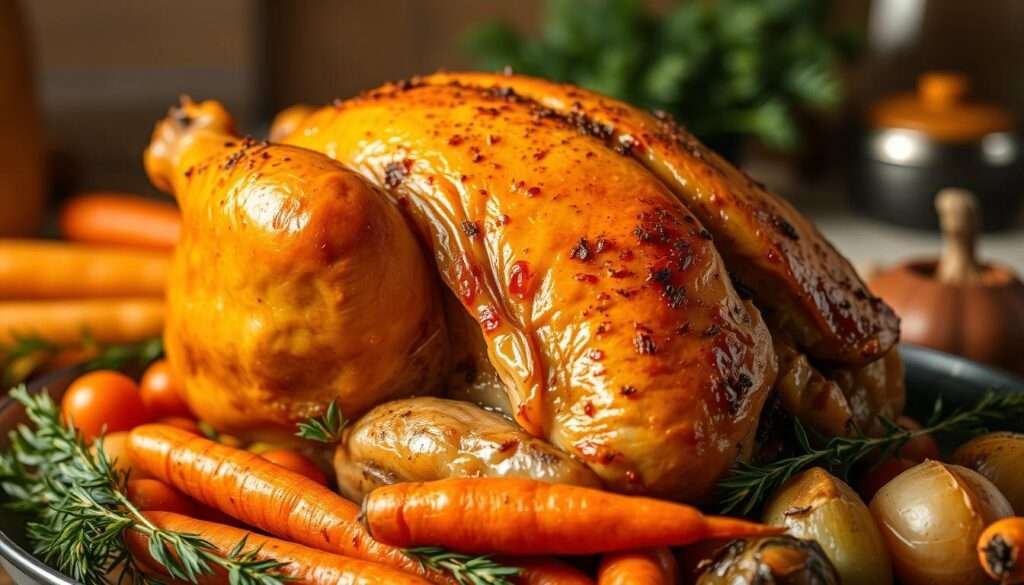 A delectable, golden-brown roasted chicken, its crispy skin glistening under the warm, soft lighting of a cozy kitchen. The bird sits atop a bed of fragrant, fresh herbs, surrounded by rustic vegetables - tender carrots, earthy potatoes, and aromatic onions. The scene exudes a comforting, homemade aroma, inviting the viewer to imagine the savory flavors and satisfying textures of this simple yet impressive chicken dinner. The camera's angle offers a tantalizing close-up, highlighting the succulent meat and tempting the senses. This image perfectly captures the essence of an easy, yet irresistible chicken-based meal.