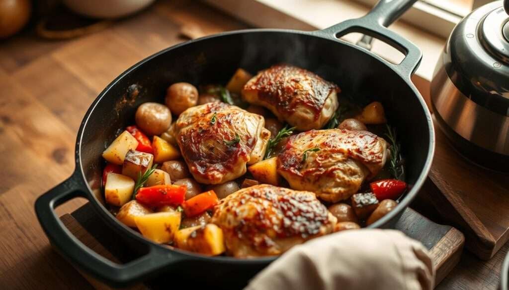 A delectable one-pan feast, sizzling with flavor. A cast-iron skillet takes center stage, brimming with a hearty medley of roasted vegetables - tender potatoes, caramelized onions, and vibrant bell peppers. Mouthwatering chicken thighs, seasoned to perfection, sear to a golden-brown crust, their juices mingling with the aromatic vegetables. Warm, earthy tones bathe the scene, illuminated by the soft, natural light filtering through a window. The composition is balanced, with the skillet in the foreground, surrounded by the rich, rustic textures of a cozy kitchen. The overall mood is one of comfort, simplicity, and irresistible homemade goodness.