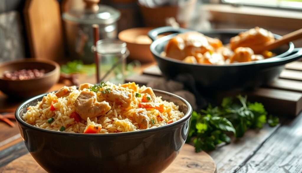 A delectable one-pot chicken rice dish captured in a warm, inviting ambiance. In the foreground, a steaming bowl of creamy, fragrant rice is adorned with tender, juicy chicken pieces, complemented by vibrant vegetables. The middle ground showcases the preparation process, with a cast-iron skillet sizzling on a rustic wooden surface, surrounded by fresh herbs and spices. In the background, a cozy kitchen setting with soft lighting and natural textures creates an atmosphere of comfort and homemade goodness. This image perfectly encapsulates the essence of the "Creamy Smothered Chicken and Rice - Ultimate Comfort Meal" recipe, inviting the viewer to dive into a satisfying, wholesome dish.