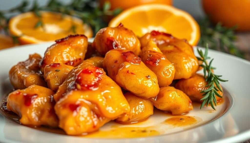 A delectable plate of orange chicken, the juicy, tender pieces coated in a tantalizing glaze of sweet, tangy citrus. The chicken is seared to perfection, with a golden-brown crust that glistens under the soft, warm lighting. In the background, a backdrop of vibrant orange slices and sprigs of fresh thyme create a visually stunning composition. The image is captured with a shallow depth of field, drawing the viewer's attention to the hero of the dish - the mouthwatering orange chicken. The overall mood is one of inviting warmth and culinary elegance, perfectly capturing the essence of a recipe that will have you falling in love at first bite.
