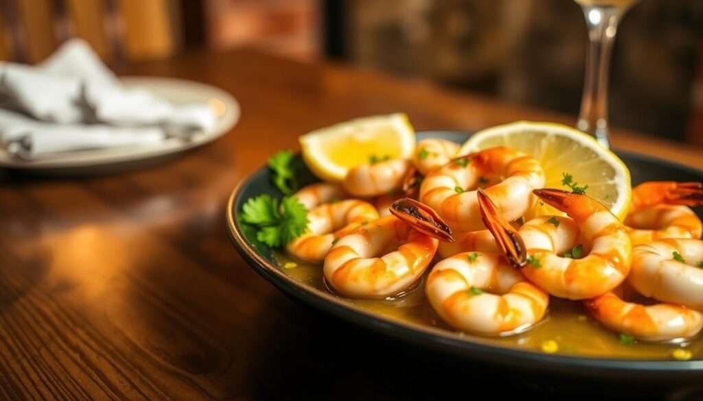 A delectable platter of succulent shrimp sizzling in a buttery garlic sauce, with a sprinkle of fresh parsley and a vibrant lemon wedge, set against a backdrop of a rustic wood table in warm, soft lighting. The shrimp are arranged in an appetizing, artistic display, with a shallow depth of field that draws the eye to the tantalizing main subject. The atmosphere is inviting and cozy, evoking the comforting feel of a seaside bistro. The overall mood is one of simple elegance and mouthwatering anticipation, perfectly capturing the essence of "Seafood in a Flash" for the "24 Simple Dinner Ideas" article.