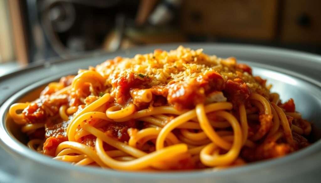 A delectable spaghetti casserole, fresh from the oven, steaming with a medley of savory aromas. The noodles are perfectly al dente, blanketed in a rich, spicy tomato sauce, punctuated by tender shredded chicken and melted cheddar cheese. A crisp golden-brown crust crowns the dish, hinting at the irresistible textures within. Soft lighting bathes the scene, casting a warm, inviting glow and highlighting the layers of this comforting, homemade creation. Shot from a low angle, the casserole dish takes center stage, its captivating appearance sure to whet the appetite and transport the viewer to a cozy, southern kitchen.