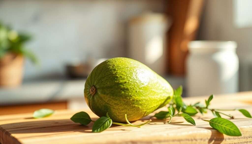 A delicate and vibrant avocado, its glossy green skin gently reflecting the warm, diffused natural light of a sun-dappled kitchen. The avocado rests atop a rustic, wooden cutting board, surrounded by a few fresh herbs, perhaps a sprig of basil or a few sprigs of thyme, their verdant leaves providing a harmonious contrast. The composition is balanced, with a slight tilt to the avocado, conveying a sense of movement and vitality. The background is softly blurred, hinting at the potential for a simple, plant-forward meal to be prepared. The overall mood is one of simplicity, freshness, and the celebration of nature's bounty.