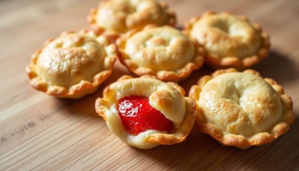 A delicate arrangement of freshly baked strawberry shortcake shells, their golden-brown crusts glistening under the soft, directional lighting. The shells sit atop a wooden surface, casting subtle shadows that add depth and texture to the scene. The vibrant red of the strawberry filling peeks out, inviting the viewer to imagine the burst of sweetness and tartness within. The composition is balanced, allowing the shells to take center stage while hinting at a minimalist, rustic backdrop that complements the cozy, homemade feel of the dish. This image captures the essence of the "Tips, variations, and make-ahead ideas" section, showcasing a tempting and visually appealing way to prepare the strawberry crunch cheesecake tacos.