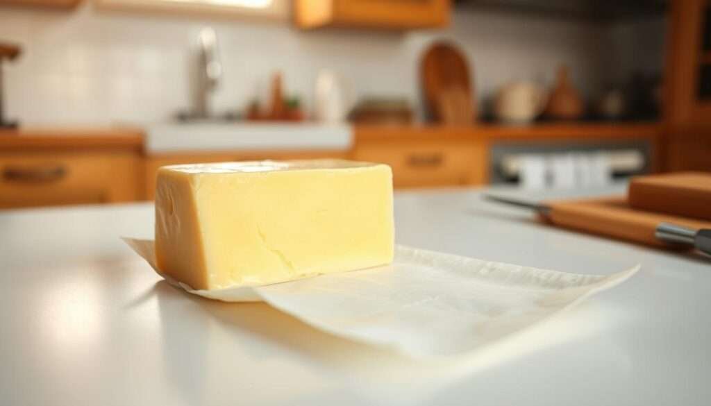 A delicate slab of golden-hued French butter, glistening with a faint sheen, rests on a pristine white surface. The light gently caresses its softened edges, casting warm shadows that accentuate the smooth, creamy texture. In the background, a blurred kitchen scene suggests a cozy, homely atmosphere, with hints of wooden cabinets and natural light filtering through. The composition evokes a sense of rustic elegance, perfectly capturing the essence of a beloved French culinary staple, ready to be savored in a classic butter cake.