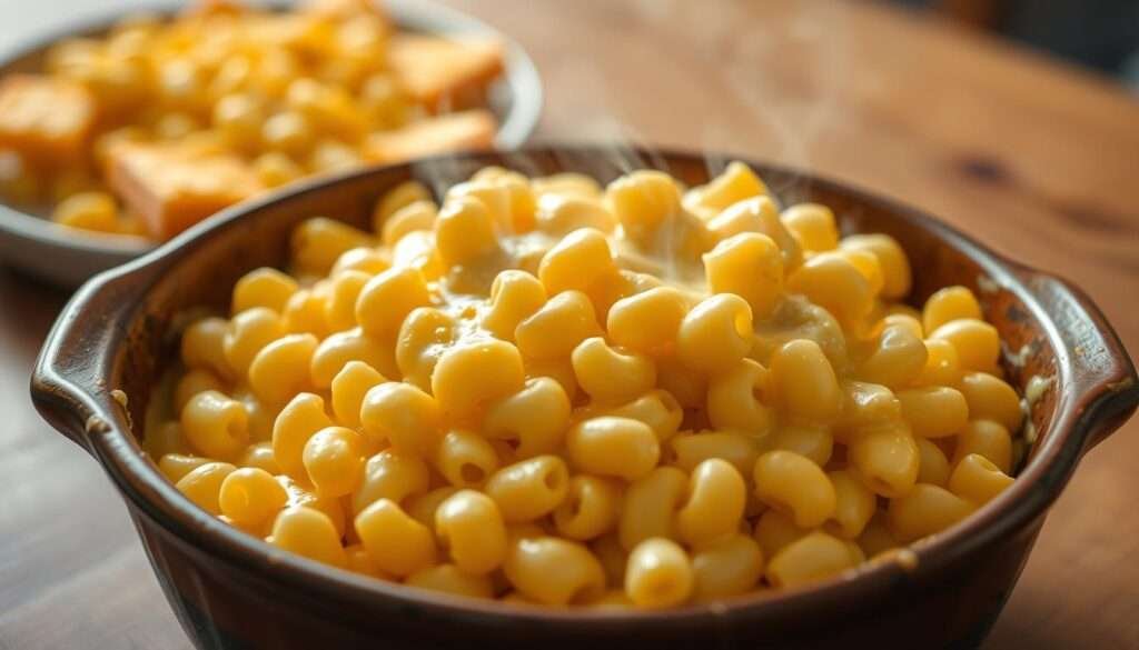 A deliciously creamy mac and cheese, the centerpiece of a comforting family meal. A generous helping of elbow macaroni noodles, coated in a silky smooth cheese sauce made with sharp cheddar and rich milk. The dish is presented in a rustic ceramic baking dish, steam rising from the hot, bubbly top. Soft lighting casts a warm glow, highlighting the melted cheese that gently spills over the sides. In the background, a simple wooden table sets the scene, creating an inviting and homey atmosphere perfect for enjoying this classic, kid-approved dish.