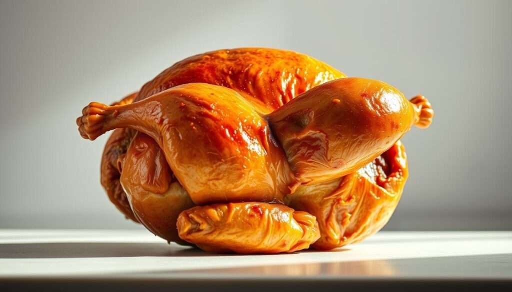 A deliciously succulent rotisserie chicken, its golden-brown skin glistening under warm studio lighting. The bird is centered in the frame, showcasing its plump, juicy appearance. The background is a clean, minimalist kitchen counter or table, allowing the chicken to be the star of the scene. Soft shadows add depth and dimension, while the camera angle accentuates the bird's perfectly roasted appearance. The overall mood is one of appetizing, mouthwatering anticipation, inviting the viewer to imagine the tender, flavorful meat within.