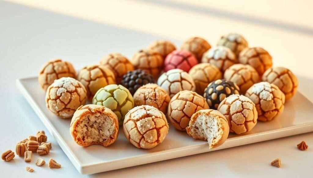 A delightful arrangement of perfectly spherical party cookie balls, each one meticulously crafted with a crisp outer shell and a soft, indulgent interior. The cookies are artfully displayed on a sleek, minimalist serving tray, glistening under the warm, natural lighting that bathes the scene. The tray is set against a clean, neutral background, allowing the vibrant colors of the cookies to take center stage. The cookies are arranged in a visually appealing manner, with some arranged in neat rows and others scattered casually, creating a sense of effortless elegance. The overall composition is both inviting and visually striking, perfectly capturing the essence of a delicious, make-ahead party treat.