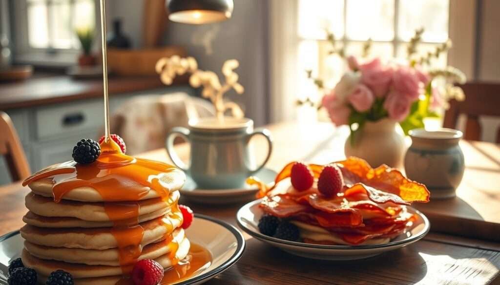 A delightful breakfast scene, captured in a cozy, sun-filled kitchen. In the foreground, a stack of fluffy pancakes, drizzled with golden maple syrup and topped with plump, juicy berries. Beside them, a plate of crisp, golden-brown bacon, sizzling under the warm glow of a vintage pendant light. In the middle ground, a steaming mug of rich, aromatic coffee, its steam curling gently, and a small pitcher of cream, ready to be added. In the background, a rustic wooden table, adorned with a simple, yet elegant floral arrangement, casting soft shadows across the scene. The overall atmosphere is one of comfort, nostalgia, and the simple pleasures of a homemade breakfast.