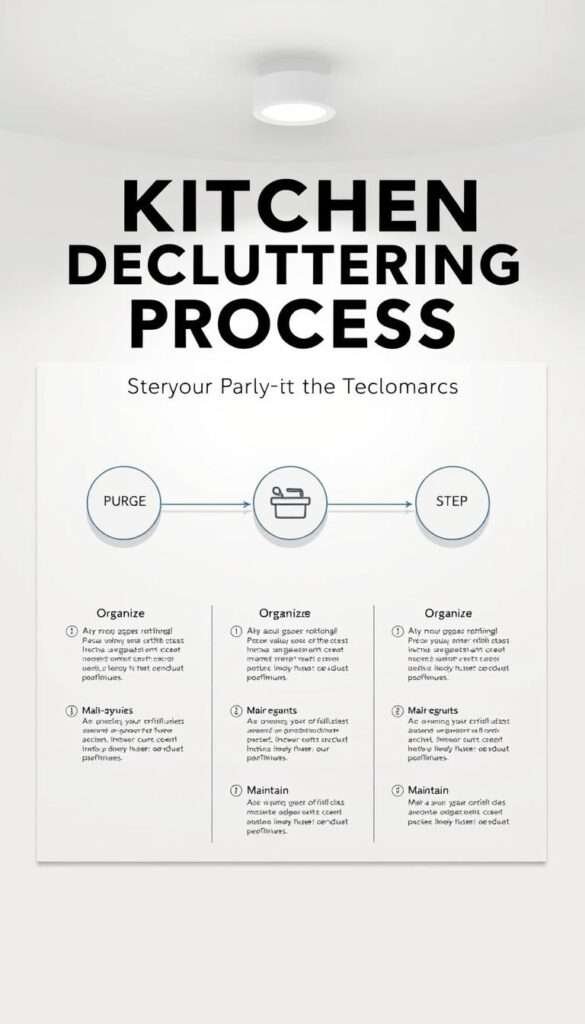 A detailed 3-phase kitchen decluttering process flowchart rendered with a clean, minimalist aesthetic. In the foreground, three circular icons depicting the distinct stages - purge, organize, and maintain. The middle ground showcases corresponding step-by-step instructions in a simple grid layout. The background is a soft, neutral palette that allows the information to stand out clearly. Crisp lighting from an overhead source casts subtle shadows, creating depth and emphasizing the chart's structure. The overall composition conveys a sense of efficiency and practicality, suitable for inclusion in the "Step-by-Step Decluttering Process" section of the article.