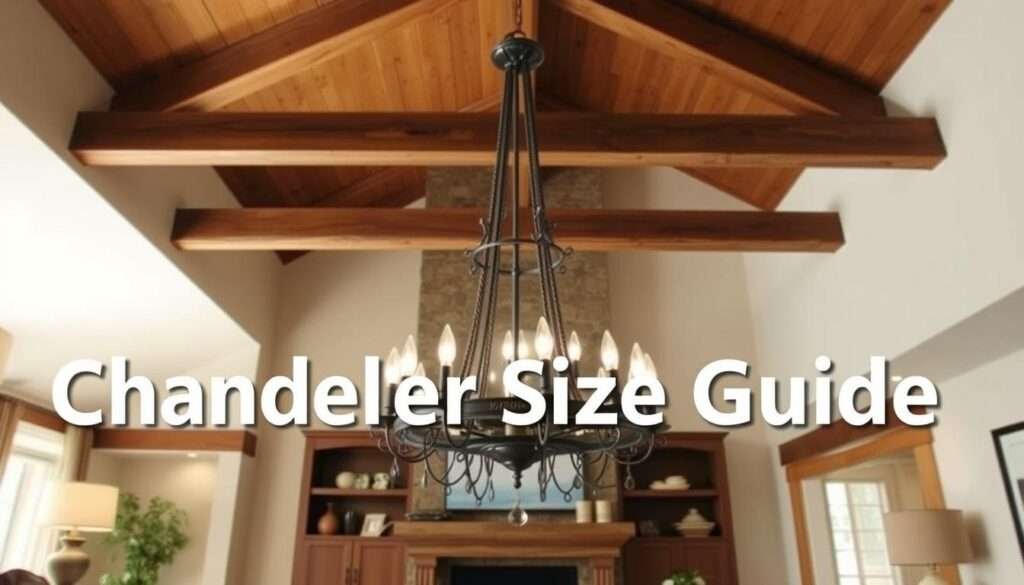 A detailed chandelier size guide in a rustic farmhouse living room. The chandelier is the central focus, showcased against a backdrop of warm, wooden beams and neutral-toned walls. The image is captured from a slight low angle, emphasizing the scale and grandeur of the light fixture. Soft, diffused lighting illuminates the scene, creating a cozy and inviting atmosphere. The chandelier casts gentle shadows on the surrounding surfaces, providing a sense of depth and dimension. The overall composition is balanced and harmonious, guiding the viewer's attention to the essential details of chandelier size and placement within the farmhouse-inspired space.