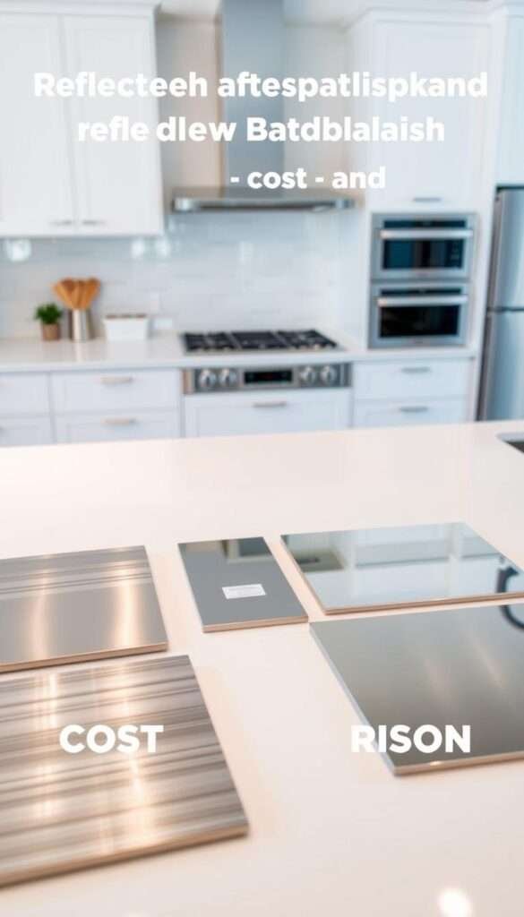 A detailed cost breakdown of premium and affordable reflective backsplash materials displayed on a minimalist white kitchen countertop. In the foreground, various backsplash tile samples are neatly arranged, showcasing the varied textures and sheen of high-end stainless steel, brushed aluminum, and budget-friendly mirrored acrylic options. The middle ground features a clean, well-lit tabletop setting, allowing the materials to be clearly examined. The background depicts a softly blurred, modern kitchen interior with clean lines and a neutral color palette, highlighting the versatility of these reflective backsplash solutions. Captured with a shallow depth of field to draw the viewer's attention to the key cost comparison elements.