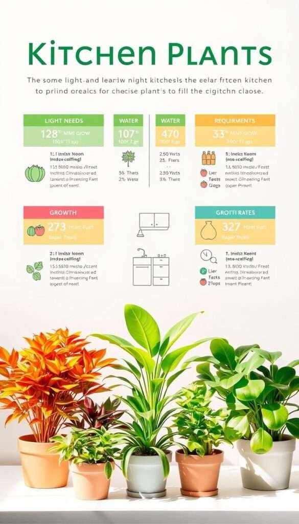 A detailed infographic showcasing the light needs, water requirements, and growth rates of popular kitchen plants. Set against a clean, minimalist background, the infographic features distinct sections for each plant, highlighted with vibrant icons and clear data visualization. The plants are expertly arranged in the foreground, with a soft, natural lighting illuminating their lush foliage. The middle ground presents a simplified line-drawn illustration of a small kitchen, subtly anchoring the image to its intended context. The overall mood is informative yet visually appealing, guiding the viewer through the key considerations for choosing the right plants to thrive in a kitchen environment.