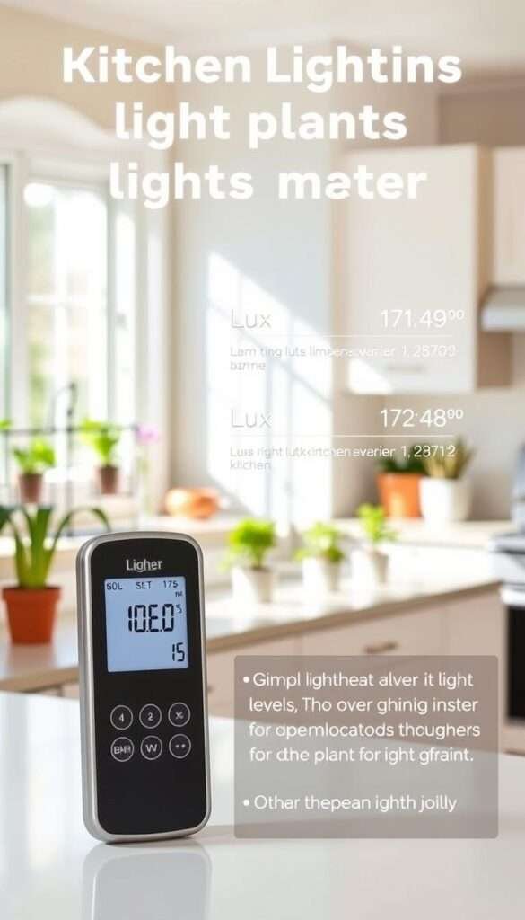 A digital light meter displaying lux levels at various kitchen locations throughout the day, with a clean, modern aesthetic. The meter is positioned prominently in the foreground, its display clearly visible. The middle ground shows a kitchen countertop or table, with a few small potted plants arranged neatly. The background features a bright, sunlit kitchen, with windows and natural lighting creating a warm, inviting atmosphere. The overall mood is one of practicality and attention to detail, emphasizing the importance of proper lighting for thriving kitchen plants.
