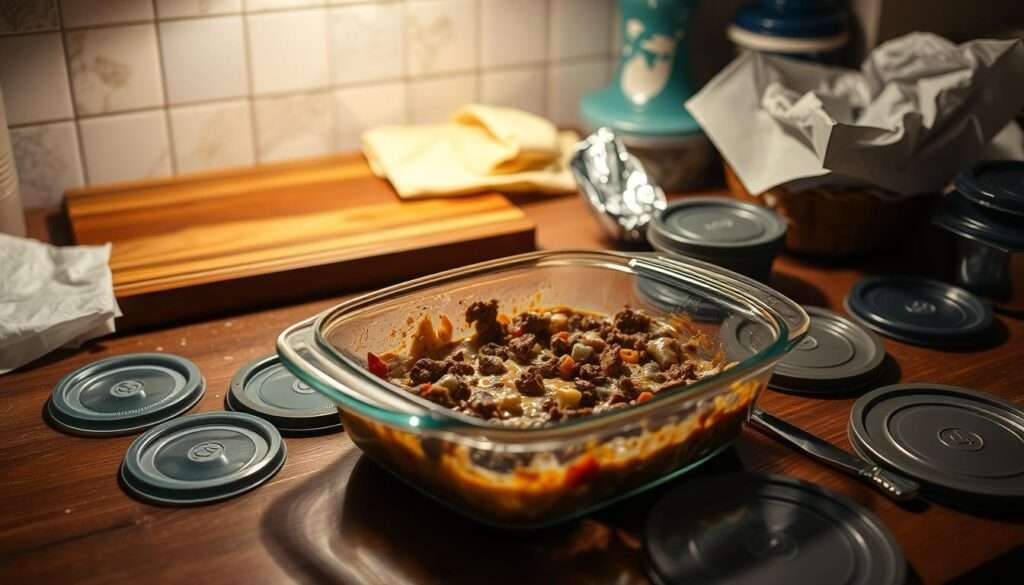 A dimly lit kitchen counter, adorned with a worn wooden cutting board and a mishmash of leftover containers. In the foreground, a glass Pyrex dish sits half-empty, its contents a delightful medley of ground beef, vegetables, and creamy sauce - the remnants of a hearty casserole. Surrounding it, a scattered array of plastic lids, aluminum foil, and parchment paper, hinting at the process of storing and reheating these delectable leftovers. The middle ground is illuminated by soft, warm lighting, casting a cozy glow over the scene, while the background fades into a subtle blur, keeping the focus on the repurposed meal. The overall atmosphere is one of comforting familiarity, a testament to the joy of savoring and preserving the flavors of a previous culinary creation.