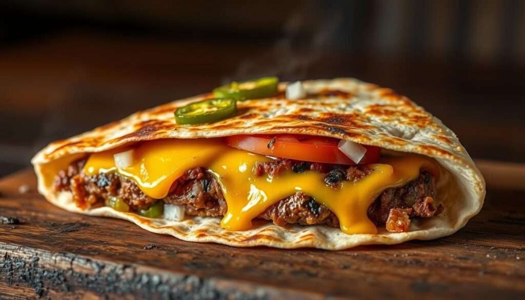 A double-sided char smash burger quesadilla, grilled to perfection. The crisp tortilla shell encases a juicy smashed patty, caramelized on the edges, oozing with melted cheddar cheese. Thin slices of jalapeño add a subtle kick, while diced onions and tomatoes provide a fresh, crunchy contrast. Lit by warm, ambient lighting, the quesadilla sits atop a rustic wooden surface, casting soft shadows that accentuate its tantalizing textures. A masterful blend of flavors and textures, capturing the essence of mini kitchen magic.