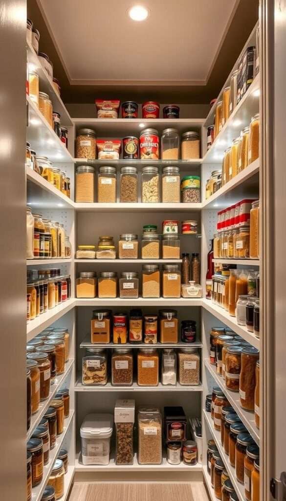 A floor-to-ceiling pantry with clear glass or plastic containers, each neatly labeled with their contents. Organized shelves showcasing various dried goods, spices, and canned items in a symmetrical, visually appealing layout. Soft, even lighting illuminates the pantry's interior, casting a warm, inviting glow. The background features a plain, neutral-toned wall, allowing the pantry's clean, minimalist design to take center stage. The overall impression is one of efficiency, practicality, and a well-curated kitchen storage solution.