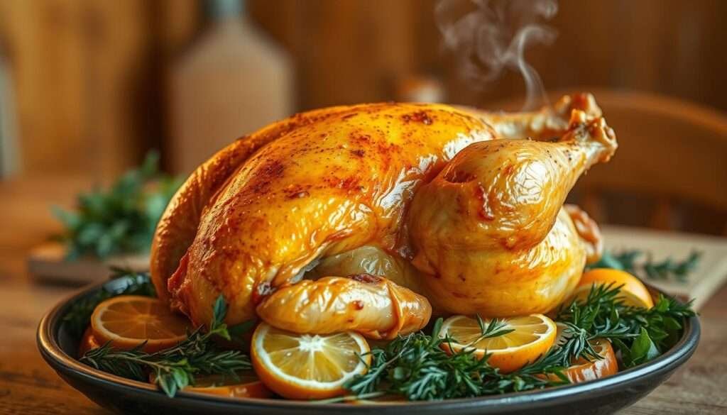A freshly roasted chicken, crisp golden skin glistening in the warm kitchen lighting. The bird sits atop a bed of aromatic herbs and citrus slices, steam rising from the juicy meat. In the background, a simple wooden table sets the rustic, homemade scene. The image is captured with a shallow depth of field, focusing the viewer's attention on the tantalizing centerpiece. The overall mood is one of simple, comforting elegance - the kind of meal that can be prepared quickly yet satisfies the senses. This is the essence of "Chicken Dinners in Minutes".