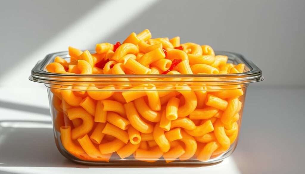 A glass storage container filled with perfectly cooked, al dente fusilli pasta. The pasta is tossed in a creamy, cheesy Rotel sauce, creating a vibrant orange-red hue. Beams of soft, directional lighting cast gentle shadows, accentuating the detailed texture of the pasta. The container is positioned on a clean, neutral surface, allowing the contents to be the focal point. The overall mood is one of appetizing simplicity, showcasing the storage-ready pasta in an inviting manner.
