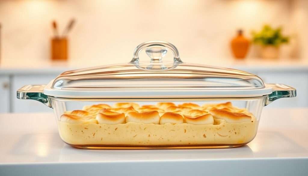 A gleaming casserole dish, a vessel of culinary artistry, sits atop a sleek, white kitchen counter. Its smooth, rounded edges and tempered glass lid reflect the warm, golden lighting from above, creating a soft, inviting atmosphere. The dish's surface is pristine, free of any scratches or blemishes, ready to hold the savory, cheesy casserole that will soon fill it. The background is blurred, allowing the dish to take center stage, its presence commanding attention as the essential tool for the preparation of a delectable, comforting meal.