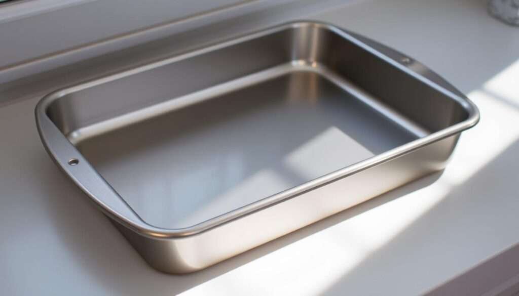A gleaming, silver-toned baking pan with a smooth, reflective surface sits atop a clean, white countertop. The pan's edges are gently curved, its surface unscratched and pristine. Soft, natural lighting from a nearby window bathes the scene, casting gentle shadows that accentuate the pan's form. The overall composition conveys a sense of order, cleanliness, and a readiness to bake something delightful. This image captures the essential tool for creating irresistible s'mores bars, a key component in the "Utensils and Tools I Use" section of the article.