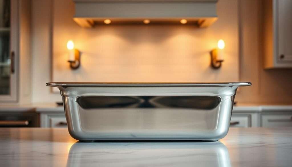 A gleaming, stainless steel baking dish rests atop a white marble countertop, bathed in warm, golden light from a pair of soft, sconce-style fixtures mounted on the wall behind it. The dish's polished, mirror-like surface reflects the kitchen's bright, airy ambiance, while its generous proportions and clean, rectangular design suggest its utility for preparing decadent, homemade treats. Subtle shadows cast by the dish's crisp edges and corners lend depth and dimensionality to the scene, creating a sense of thoughtful composition and professional-grade food photography.