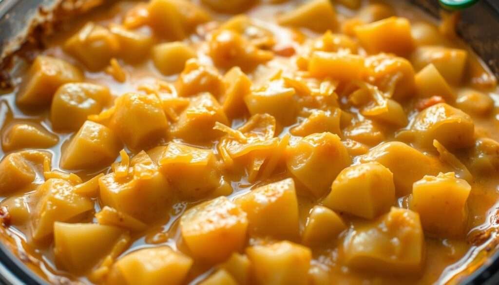 A golden-brown casserole dish filled with steaming potatoes, melted cheddar cheese, and a creamy, savory sauce. The potatoes are fork-tender, with a slight crispy edge. The cheese is evenly distributed, forming a gooey, bubbly layer on top. Soft, fluffy potatoes surrounded by a rich, velvety sauce, all illuminated by warm, natural lighting that casts a cozy, inviting glow. The scene is shot from a slightly elevated angle, showcasing the casserole's layers and textures in mouthwatering detail. The background is blurred, allowing the casserole to take center stage and entice the viewer's appetite.