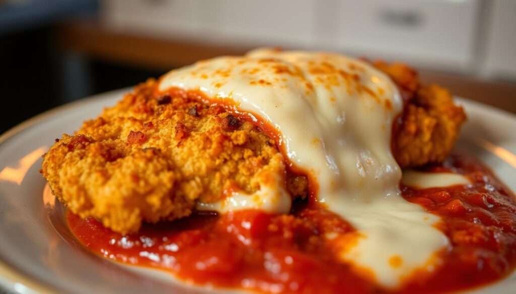 A golden-brown chicken breast, breaded and fried to perfection, rests atop a bed of homemade marinara sauce. Melted mozzarella cheese cascades over the crispy exterior, creating a mouthwatering fusion of Italian flavors. The dish is illuminated by warm, soft lighting, casting a cozy glow and highlighting the rich, vibrant colors. The camera angle provides a close-up, inviting the viewer to imagine the satisfying texture and taste of this classic Italian-American comfort food.