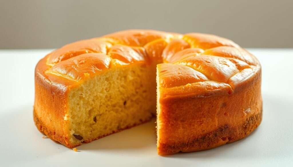A golden-crusted classic French butter cake, freshly baked and glistening with buttery goodness. The rich, moist sponge interior is dotted with specks of vanilla bean, inviting a delectable bite. Soft lighting from above casts a warm, homey glow, highlighting the cake's inviting texture. The camera angle presents the cake at a slight three-quarter view, allowing the viewer to appreciate its lush, decadent appearance. A clean, minimalist background keeps the focus solely on the sumptuous pastry, a tempting centerpiece for any table.